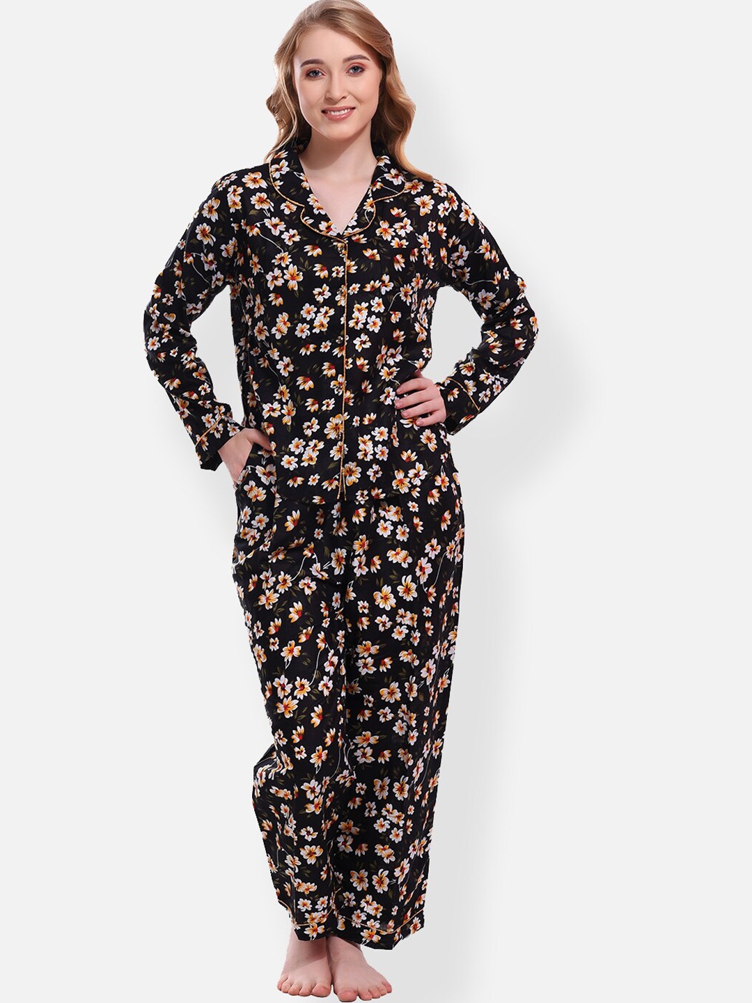 

FIMS Floral Printed Shirt & Trousers, Black