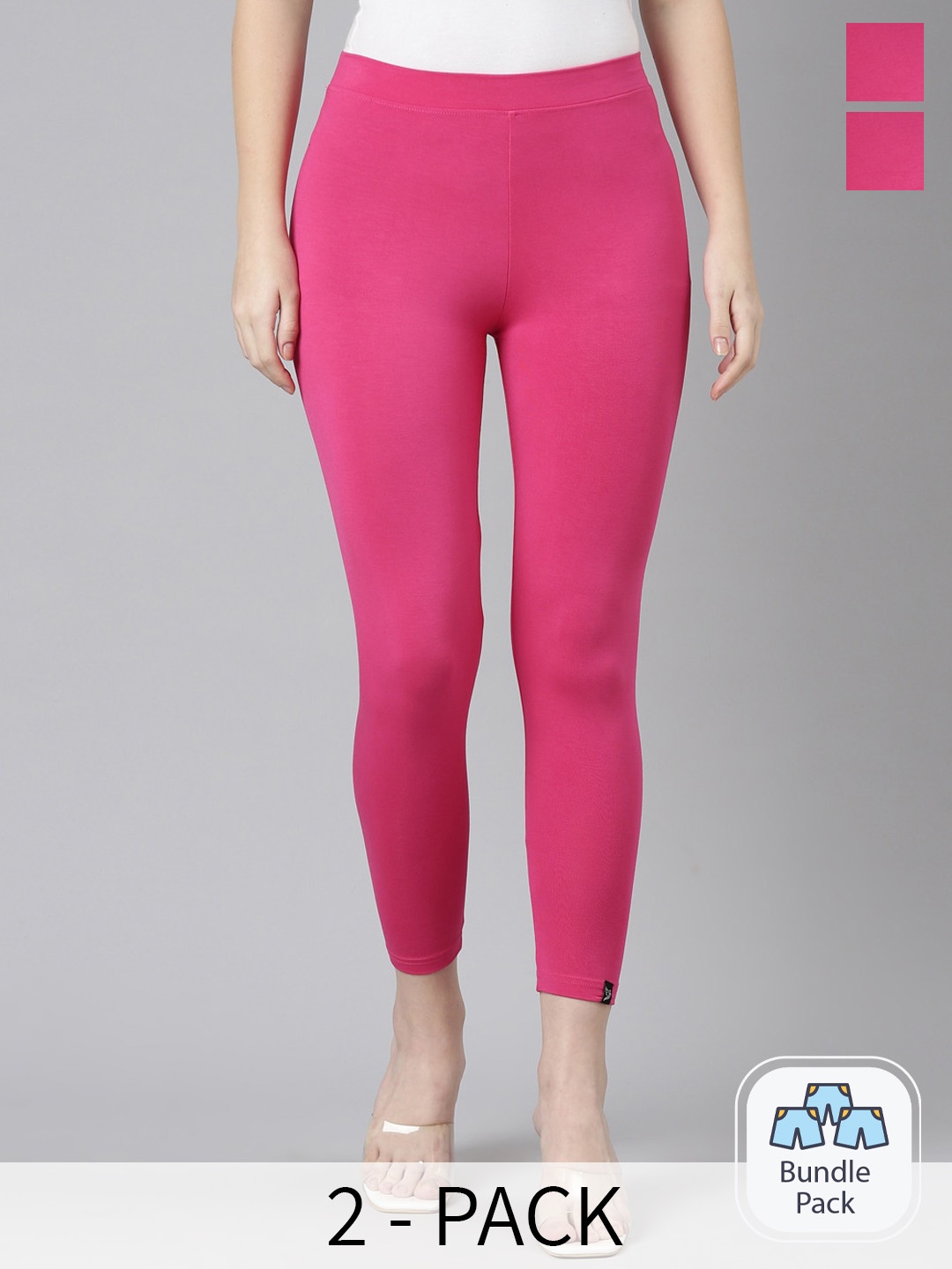 

Twin Birds Pack Of 2 Women Solid Skinny Fit High Ankle Cropped Leggings, Pink