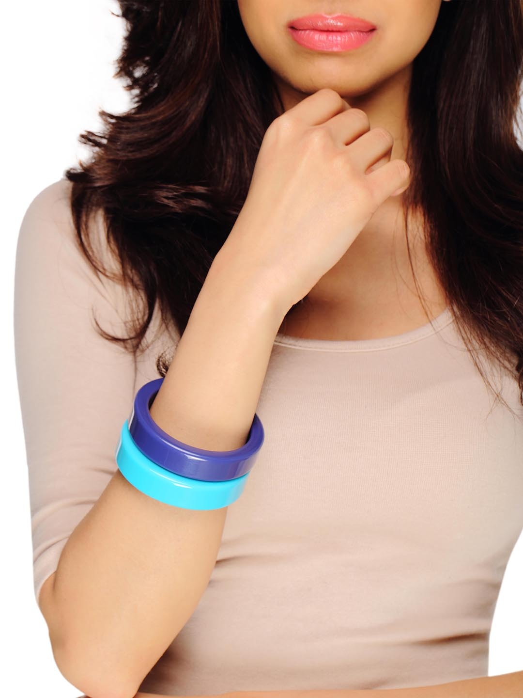 

Rhea Set Of 2 Rhodium-Plated Round Duo Statement Resin Bangles, Blue