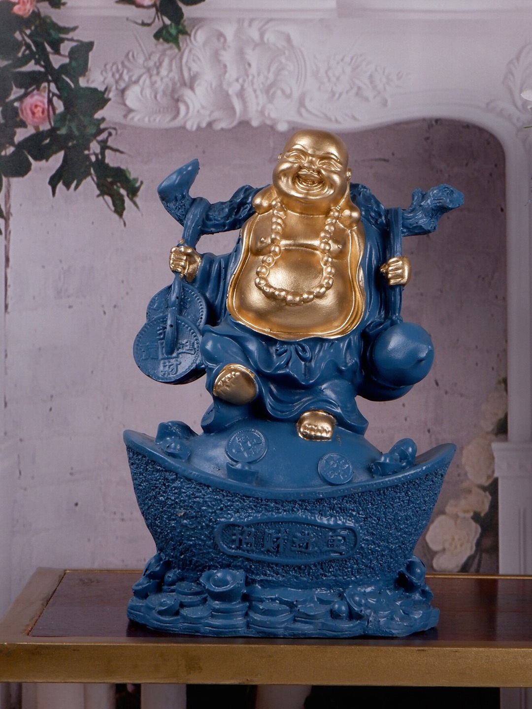 

THE WHITE INK DECOR Blue & Gold Captivating Laughing Buddha Showpiece