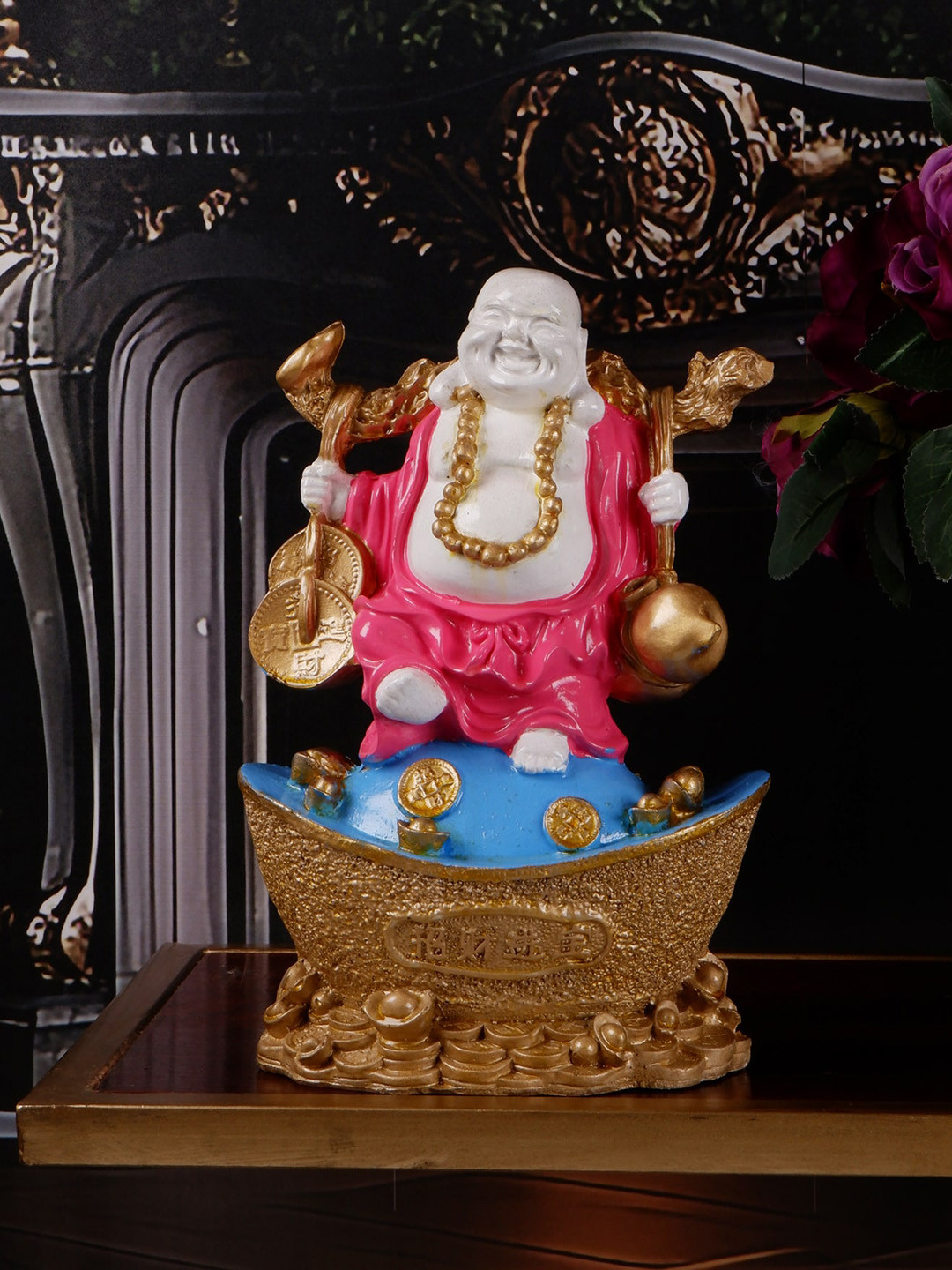 

THE WHITE INK DECOR Pink & White Premium Laughing Buddha Showpiece