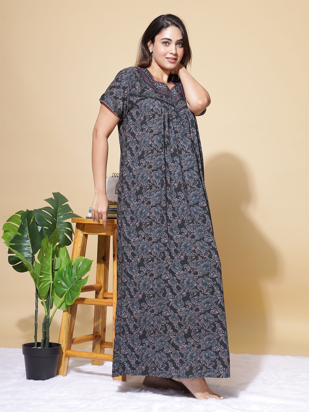 

9shines Label Floral Printed Pure Cotton Maxi Nightdress, Green