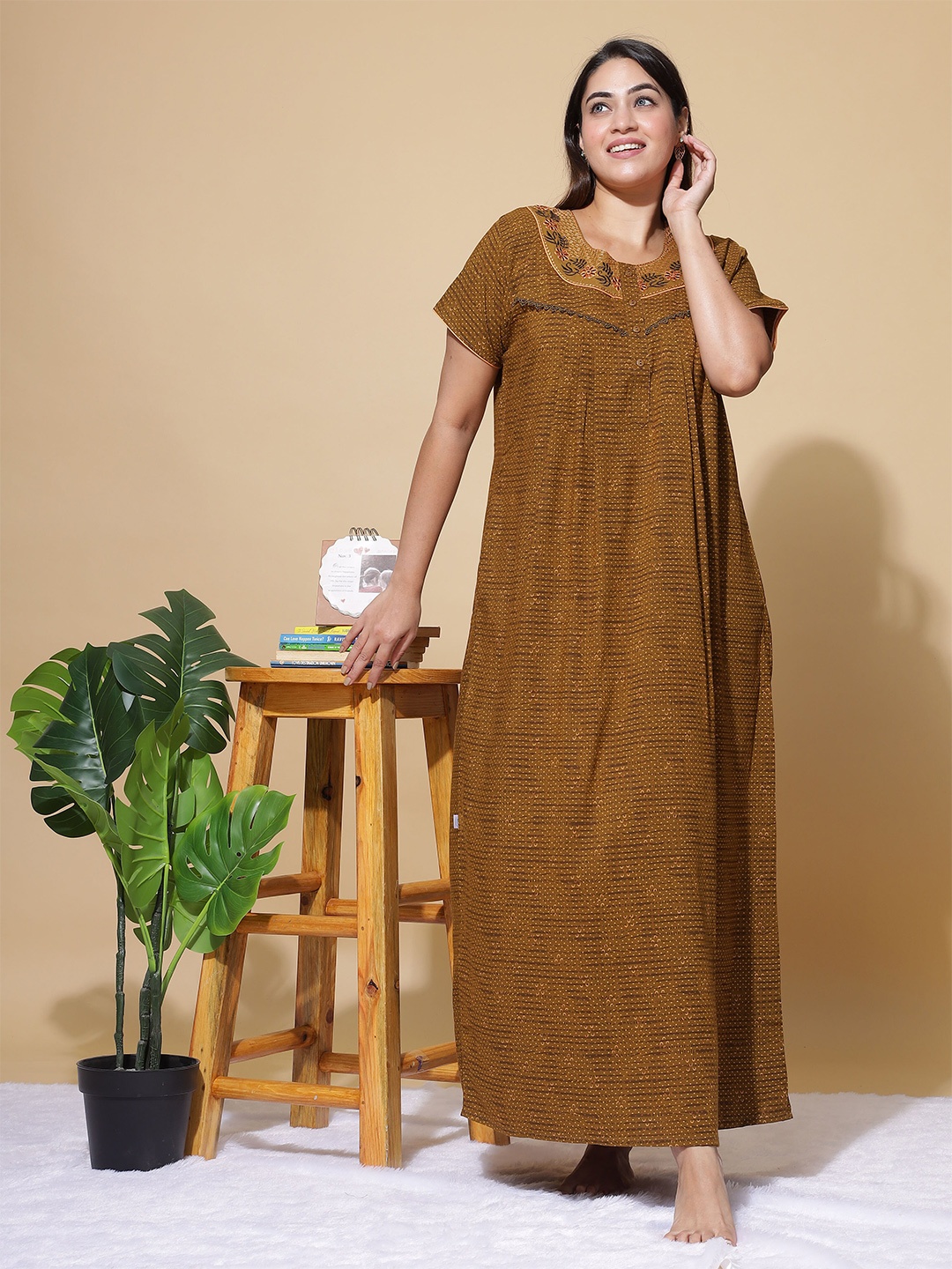 

9shines Label Floral Printed Pure Cotton Maxi Nightdress, Green