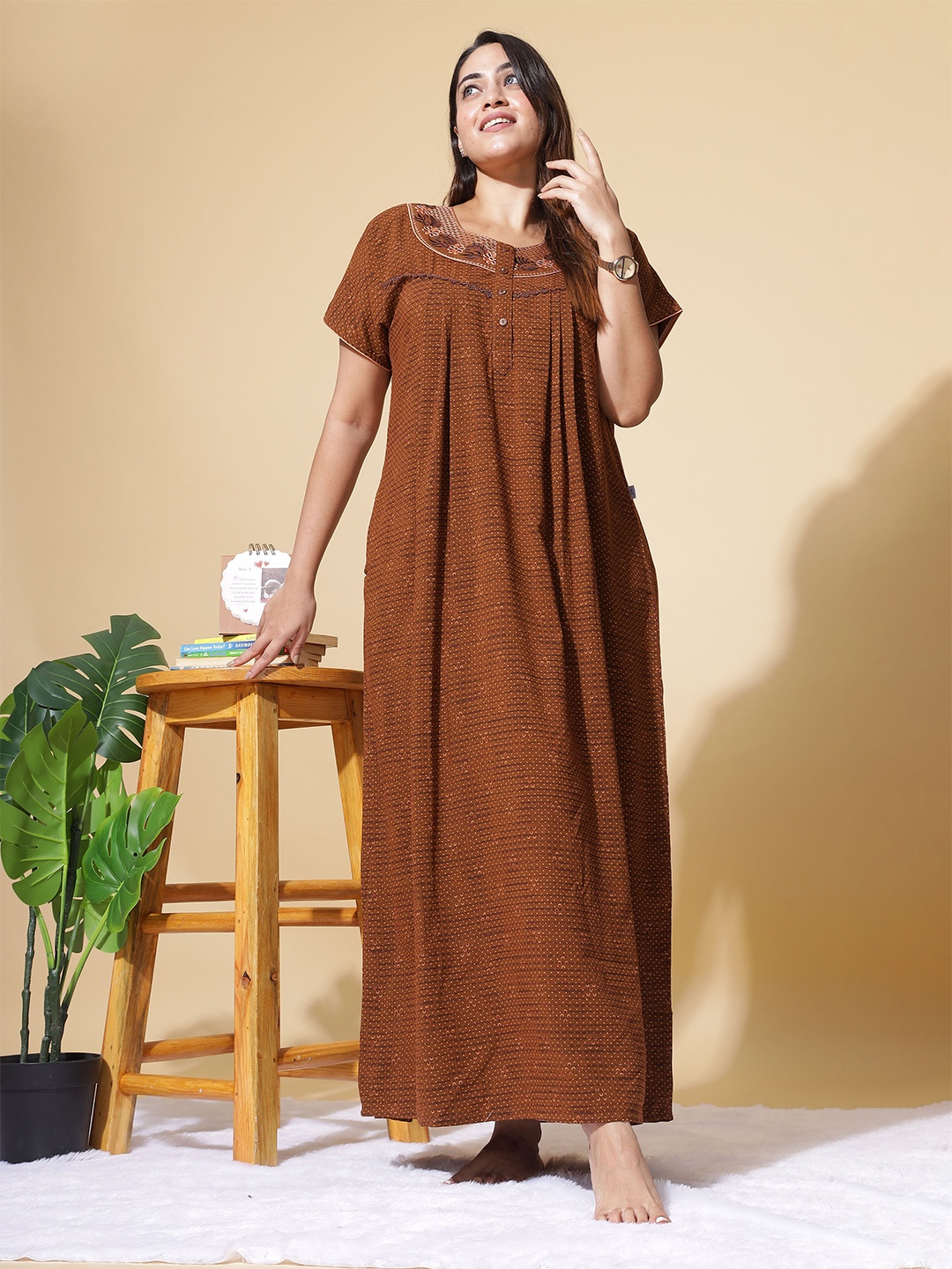 

9shines Label Floral Printed Pure Cotton Maxi Nightdress, Brown