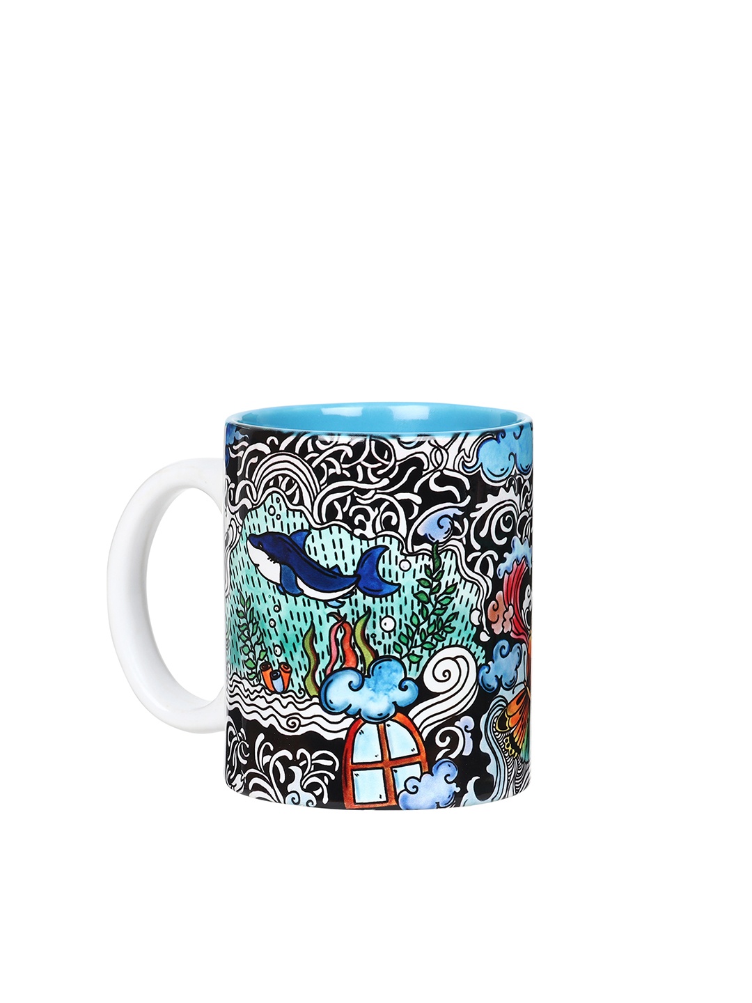 

KOLOROBIA Blue & White Daily Life Doodle Art Printed Ceramic Glossy Mug - 325 ML