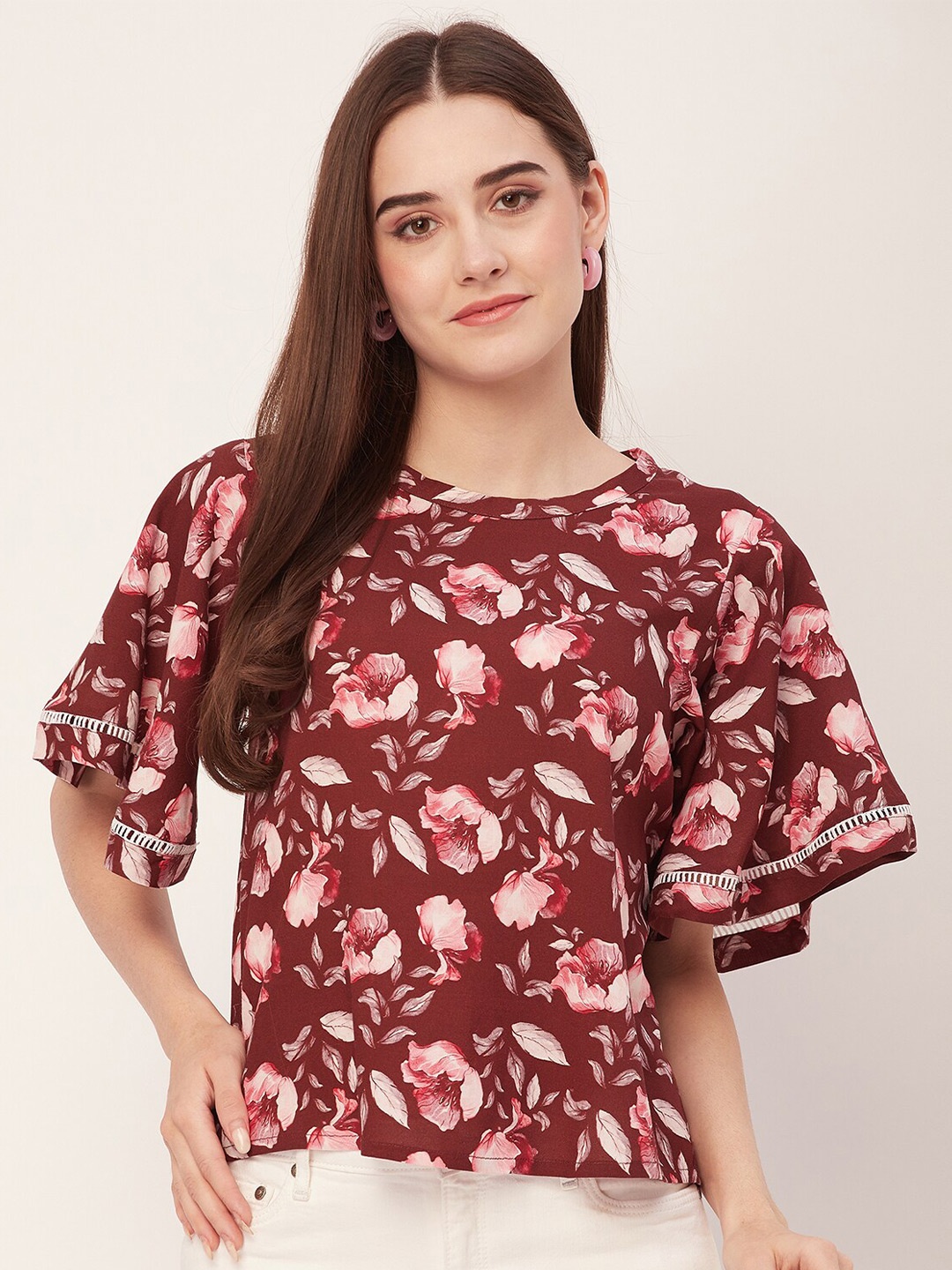 

Moomaya Floral Printed Flutter Sleeve Top, Maroon