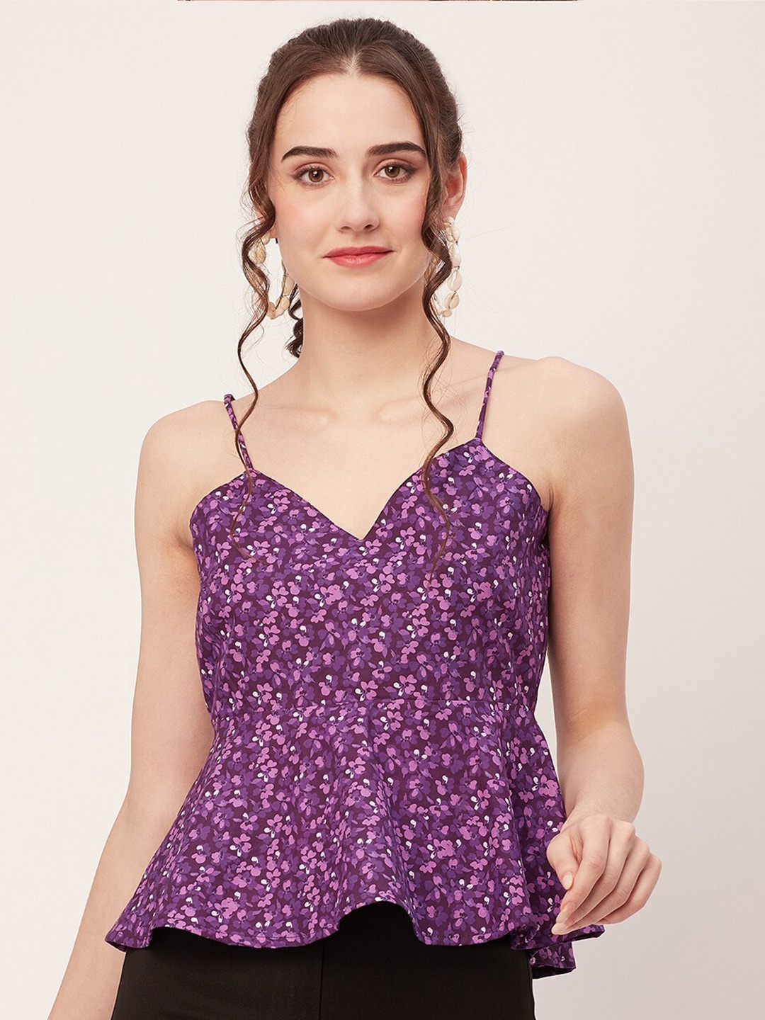 

Moomaya Floral Print Shoulder Straps Cotton Peplum Top, Purple