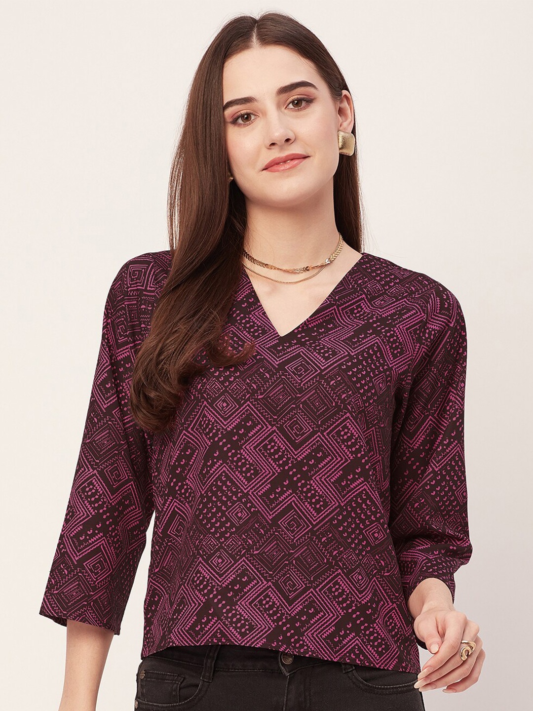 

Moomaya Geometric Printed V-Neck Top, Maroon