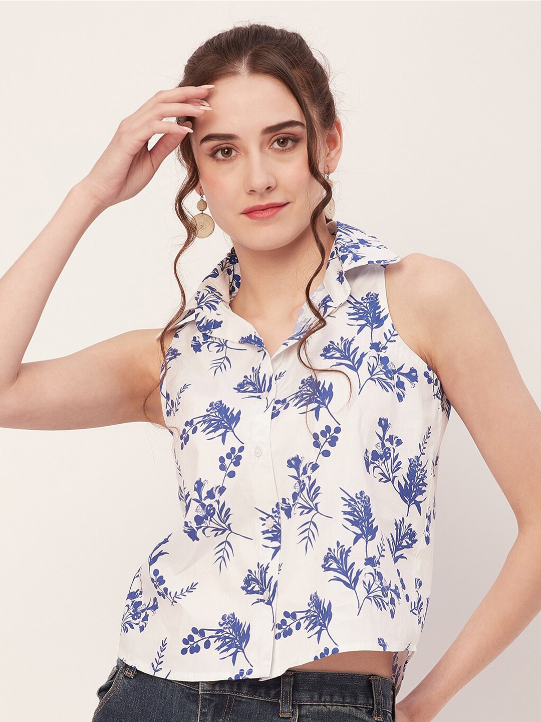 

Moomaya Floral Print Sleeveless Cotton Top, White