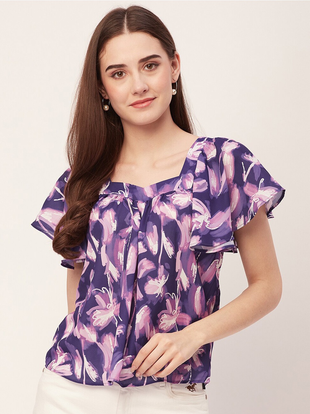 

Moomaya Floral Print Square Neck Flutter Sleeve Top, Purple