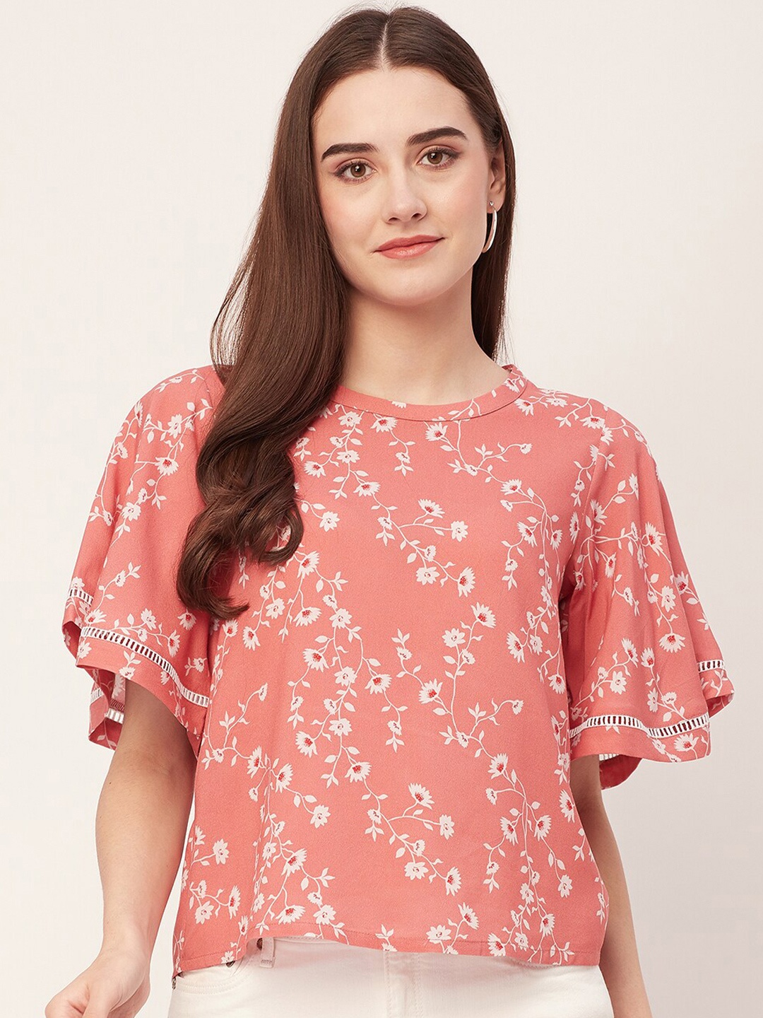 

Moomaya Floral Print Flutter Sleeve Top, Coral