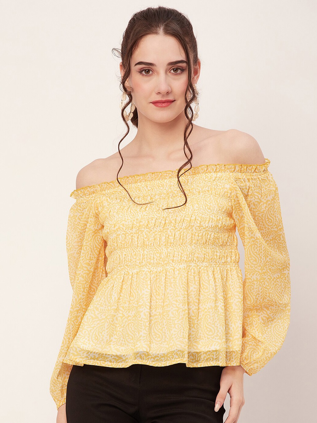 Moomaya Yellow Floral Printed Off-Shoulder Top
