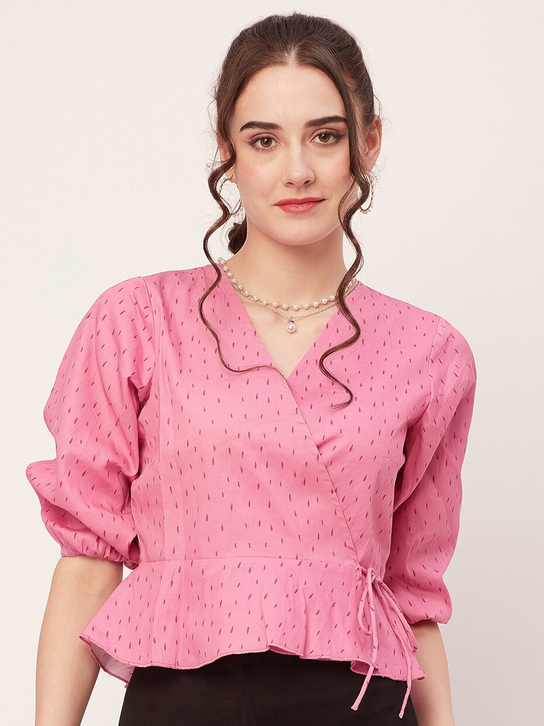 

Moomaya Floral Print Bishop Sleeves Cotton Wrap Crop Top, Pink