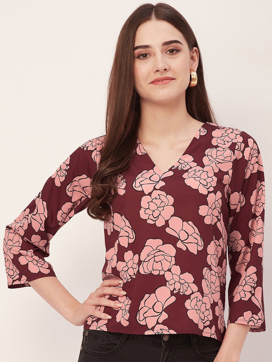 

Moomaya Floral Printed V-Neck Top, Maroon