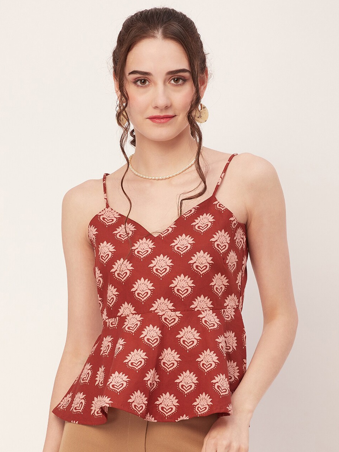 

Moomaya Ethnic Motifs Shoulder Strap Cotton Peplum Top, Brown