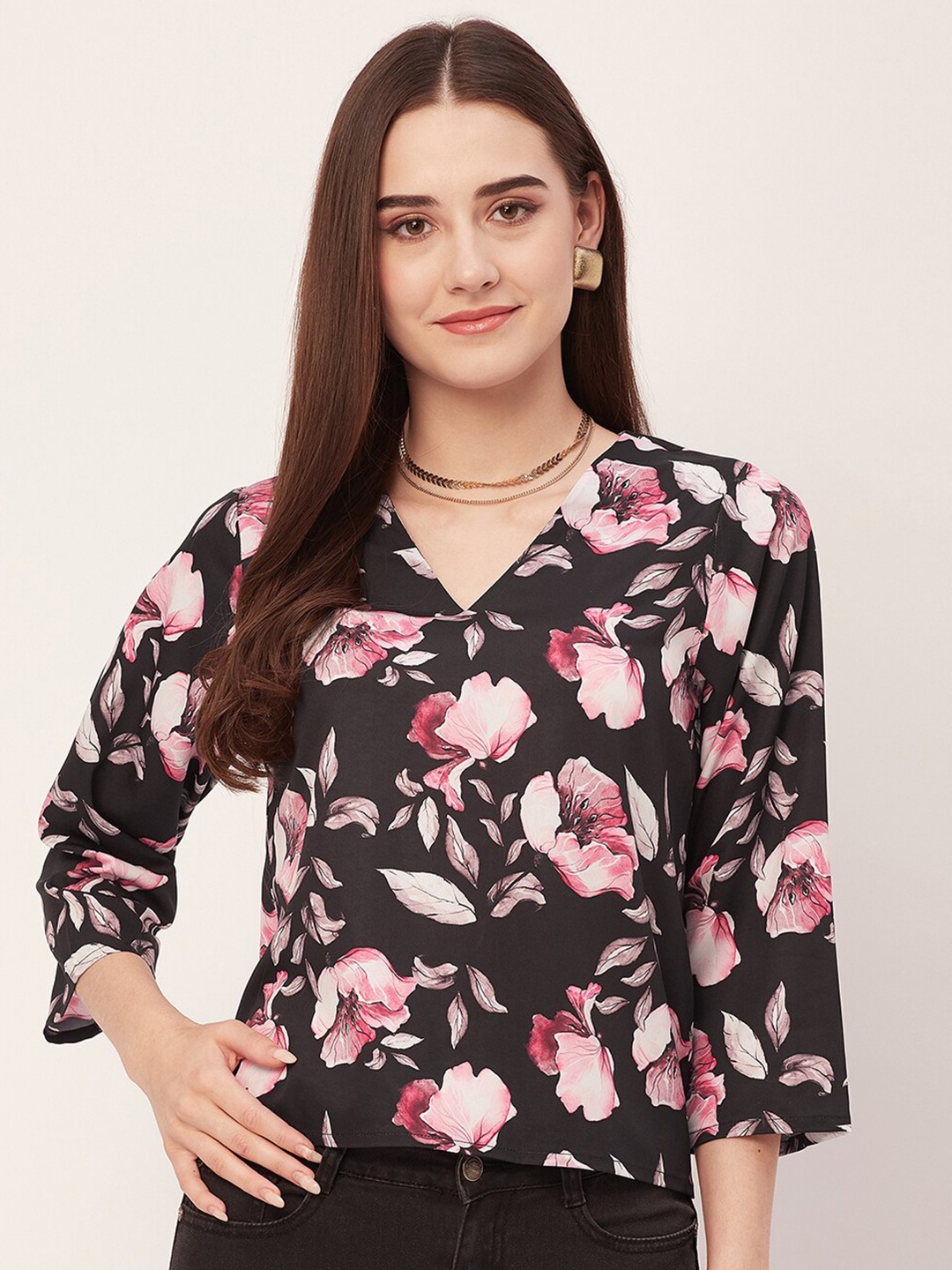 

Moomaya Floral Printed V-Neck Top, Black