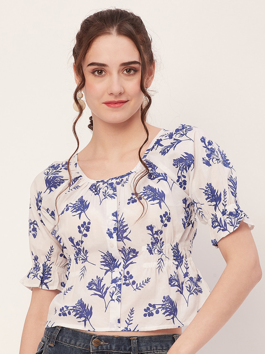 

Moomaya Floral Printed Bell Sleeve Cotton Cinched Waist Crop Top, White