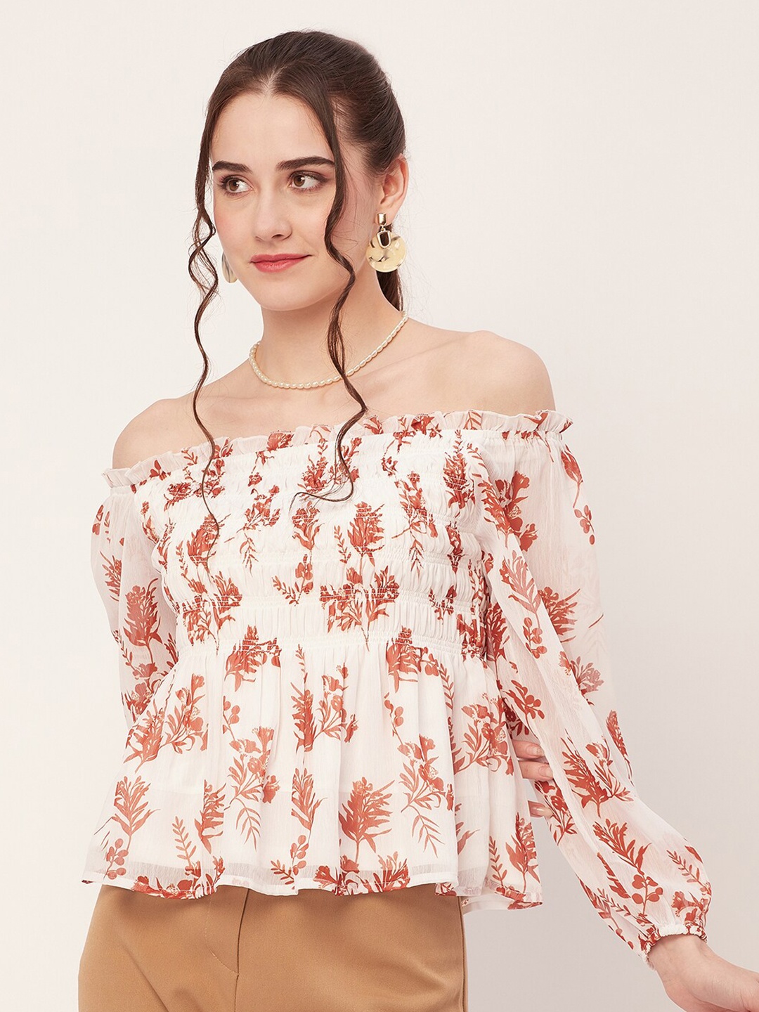 

Moomaya Floral Print Off-Shoulder Bishop Sleeves Blouson Top, White