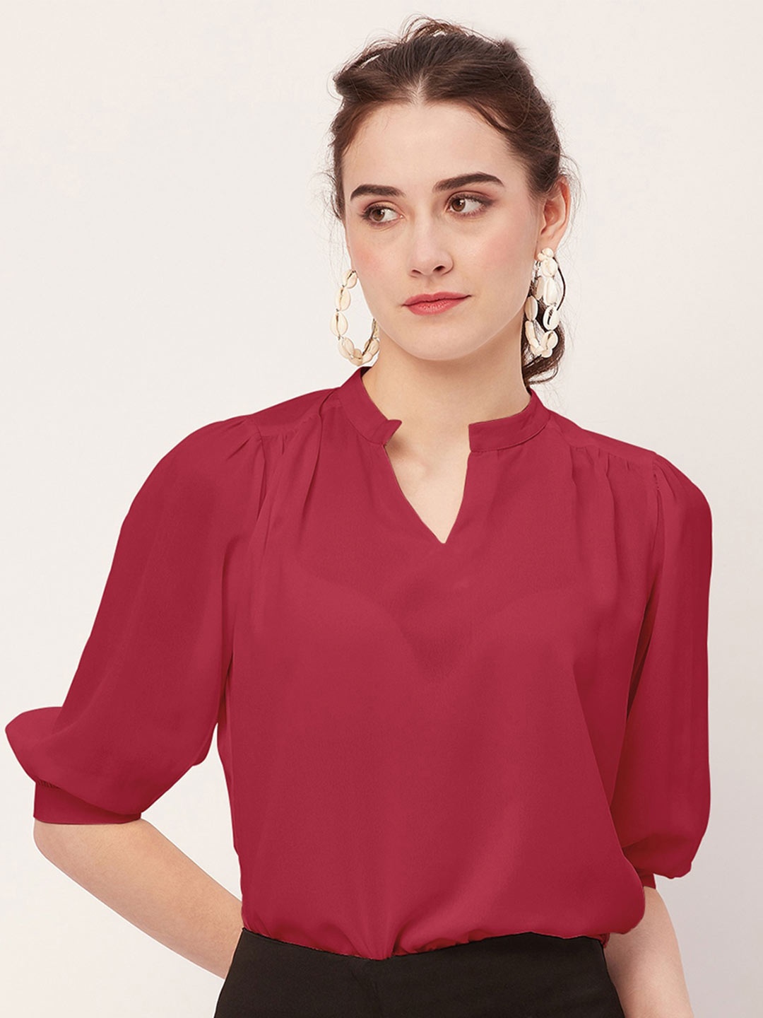 

Moomaya Mandarin Collar Puff Sleeves Gathered Shirt Style Top, Magenta