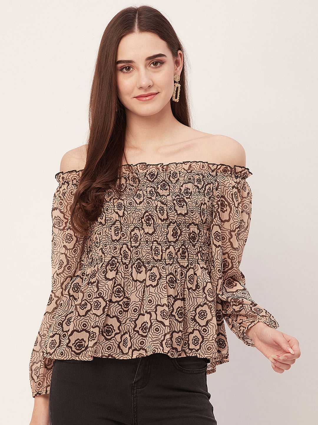 

Moomaya Floral Printed Off-Shoulder Smocked Regular Top, Beige
