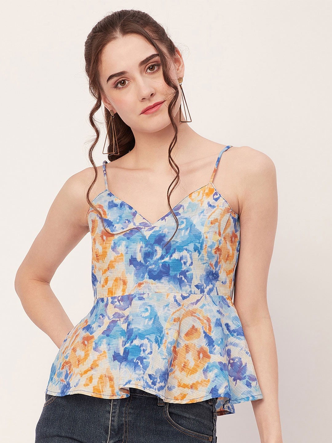 

Moomaya Floral Printed Shoulder Straps Peplum Top, Blue