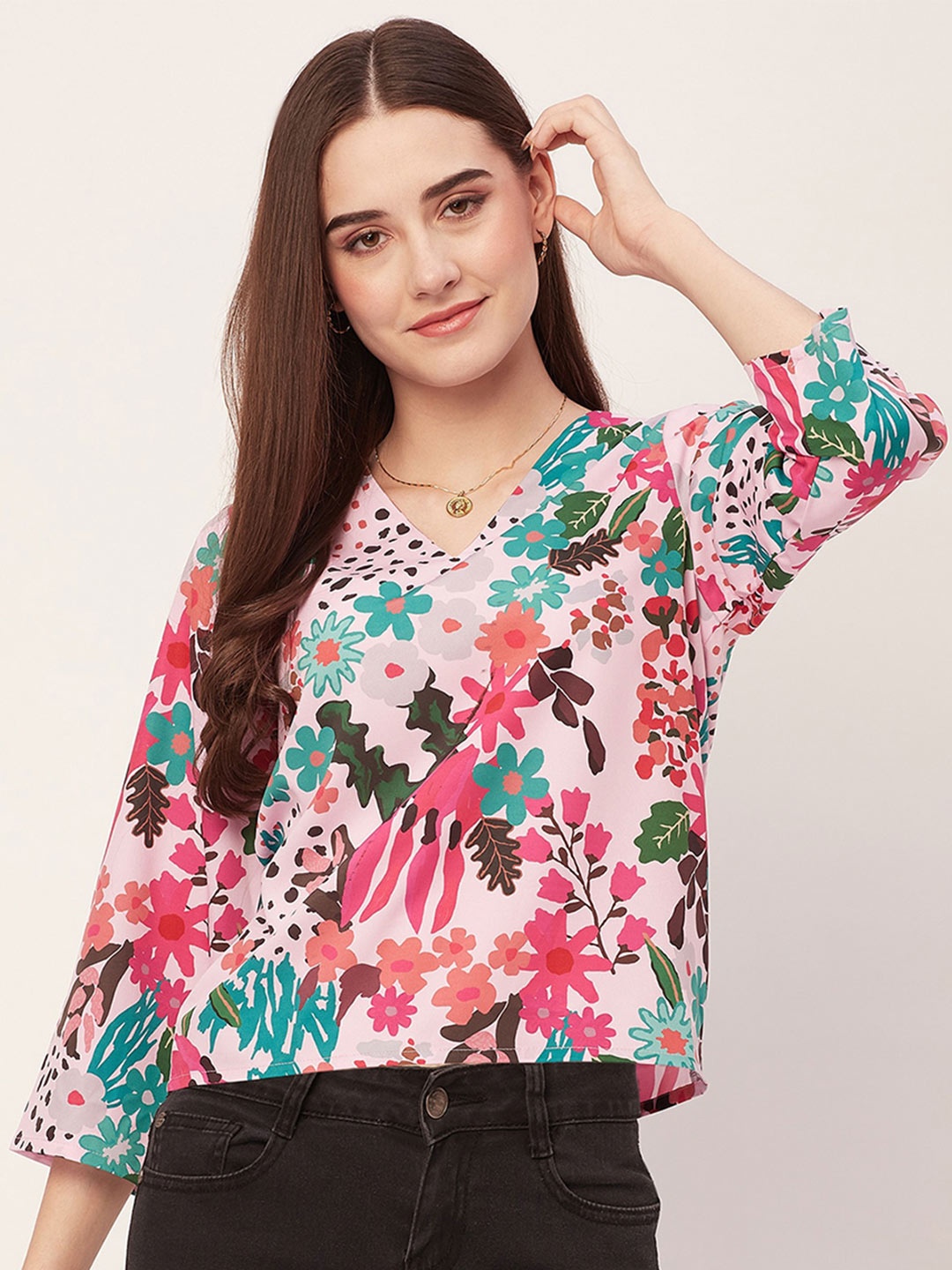 

Moomaya Floral Printed V-Neck Top, Pink