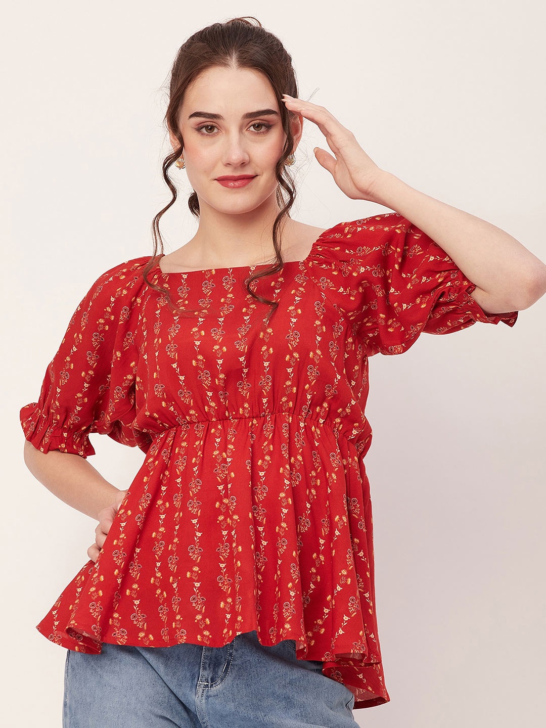 

Moomaya Floral Printed Square Neck Puff Sleeves Peplum A-Line Top, Red