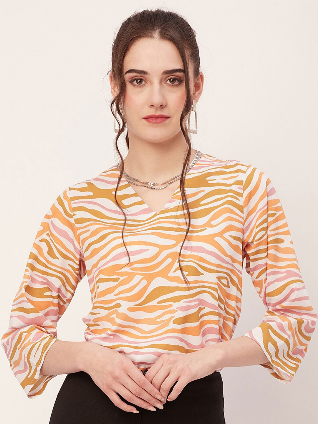 

Moomaya Abstract Printed V-Neck Crepe Top, Beige