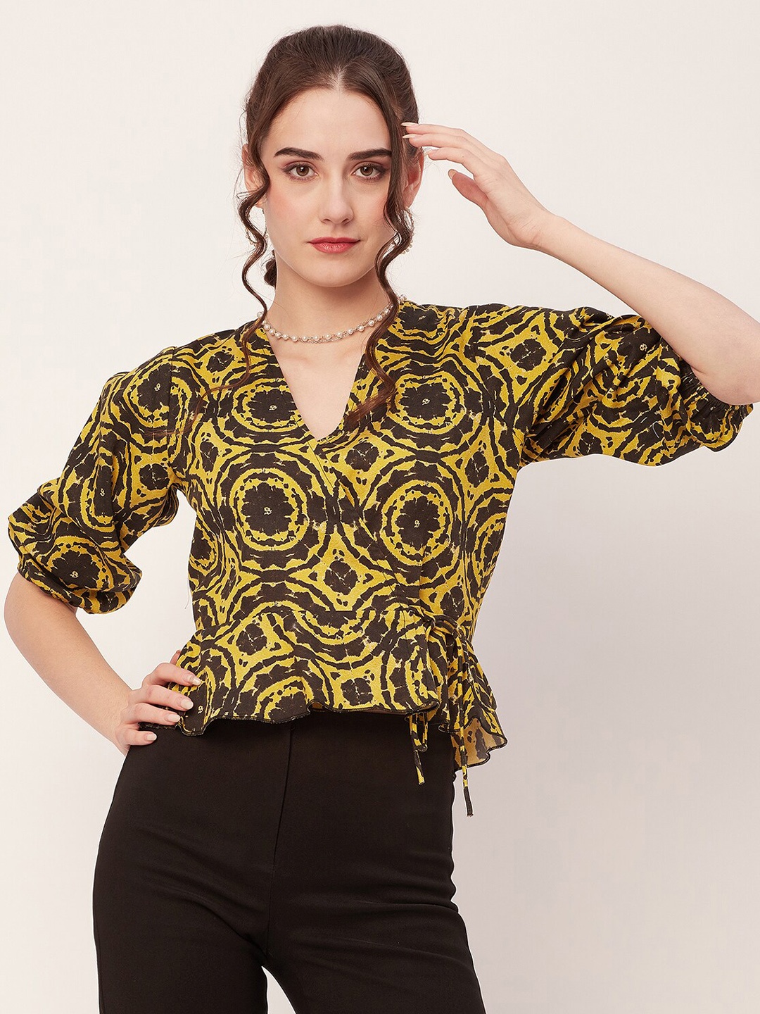 Moomaya Abstract Printed Bishop Sleeves Cotton Wrap Crop Top, Yellow