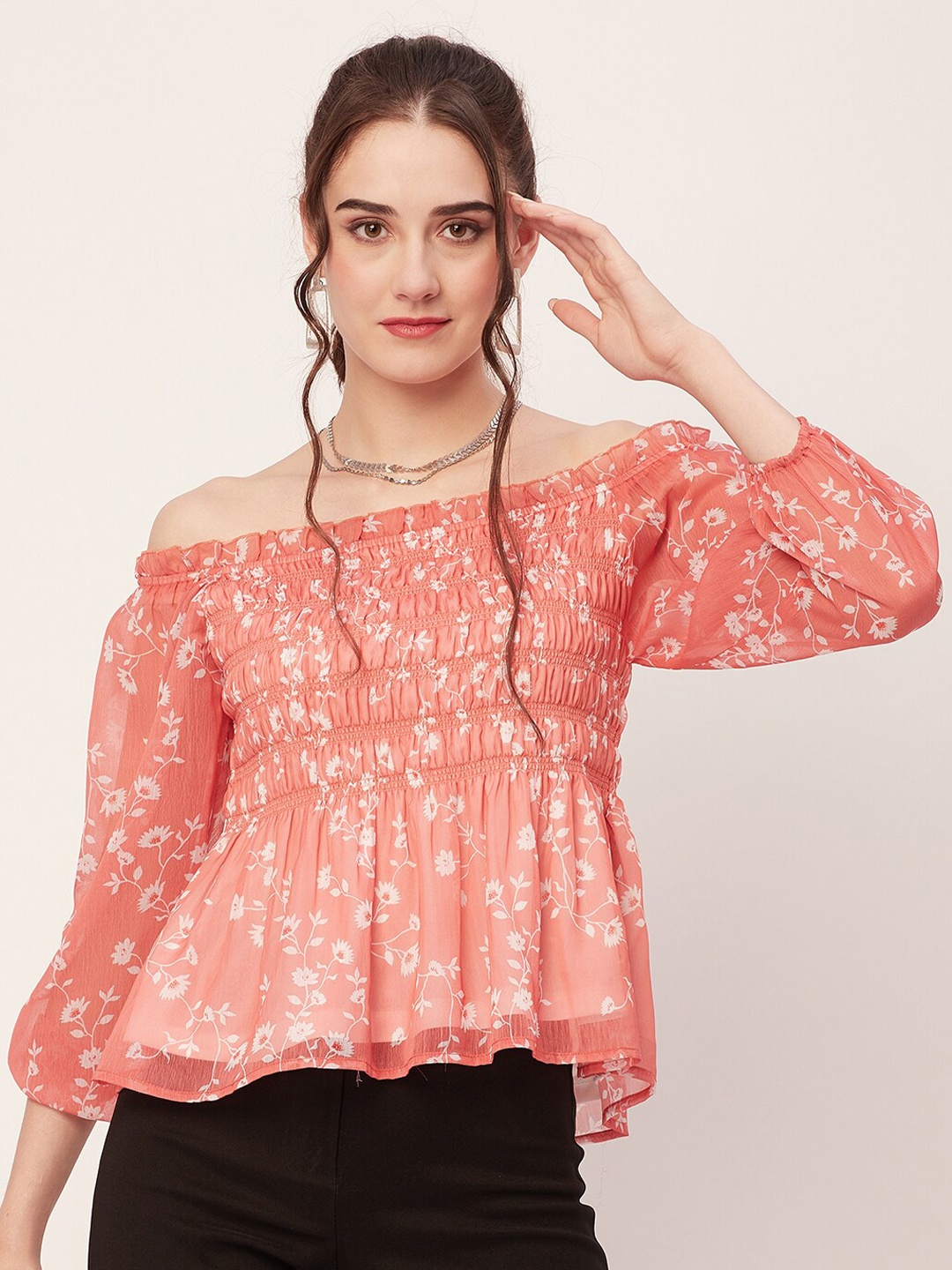 

Moomaya Floral Print Off-Shoulder Bishop Sleeves Chiffon Blouson Top, Coral