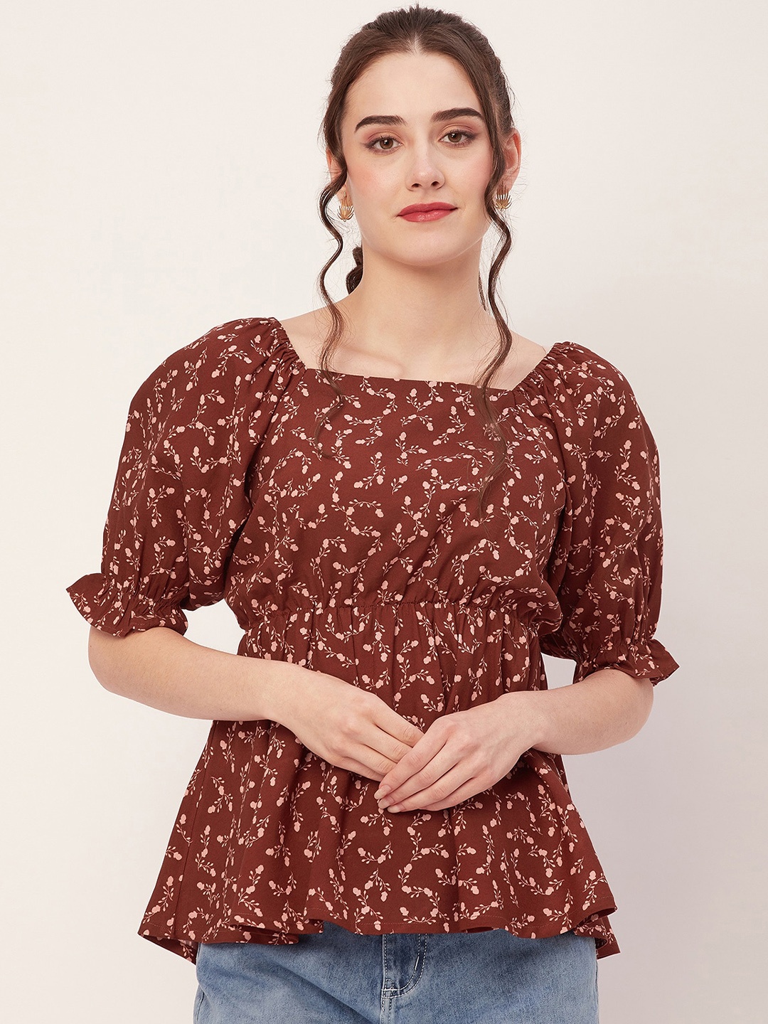 

Moomaya Floral Printed Puff Sleeves Peplum Top, Brown