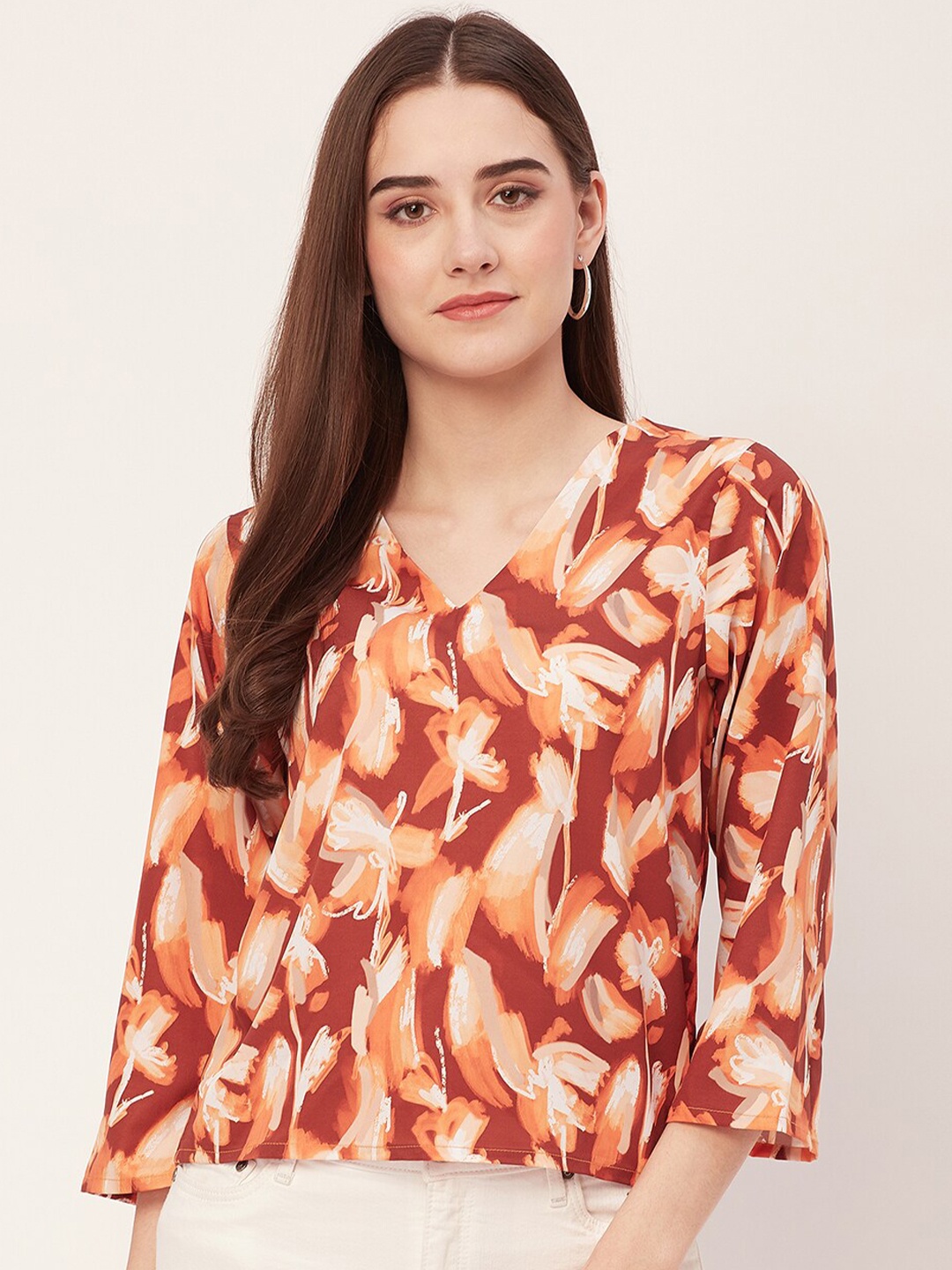 

Moomaya Floral Printed V-NeckTop, Brown