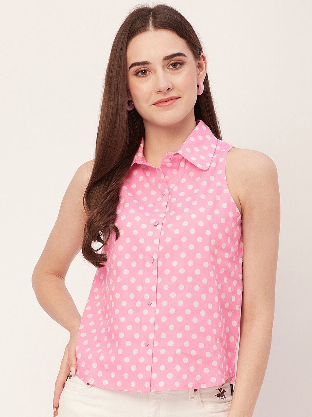 

Moomaya Polka Dot Printed Cotton Shirt Style Top, Pink