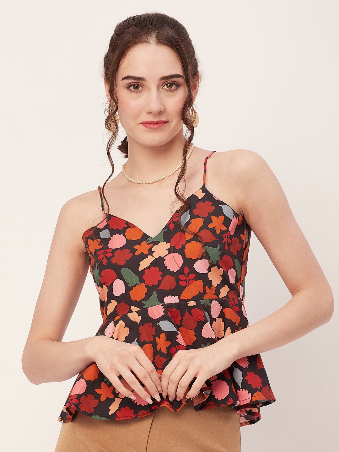 

Moomaya Floral Print Shoulder Strap Cotton Peplum Top, Black