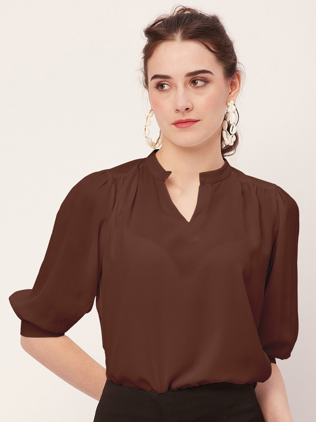 

Moomaya Mandarin Collar Puff Sleeves Top, Brown