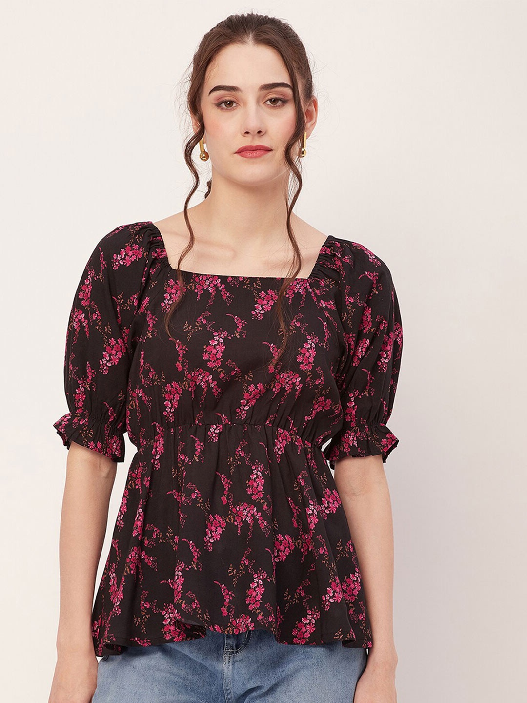

Moomaya Floral Printed Square Neck Puff Sleeves Peplum Top, Black