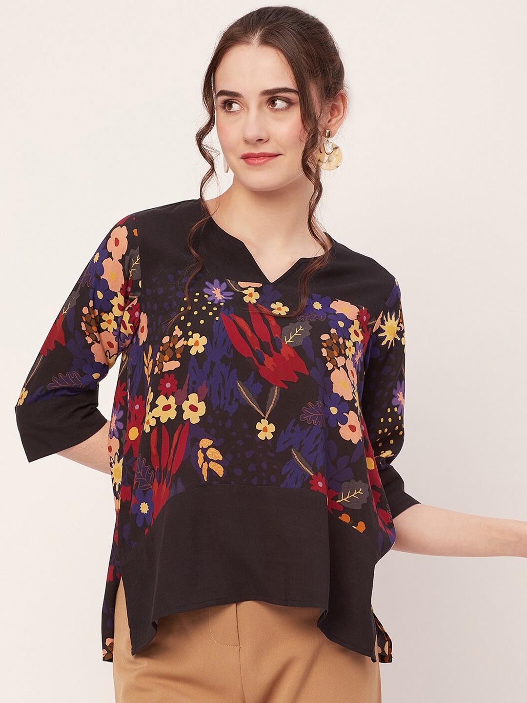

Moomaya Floral Printed Three-Quarter Sleeve Regular Top, Black