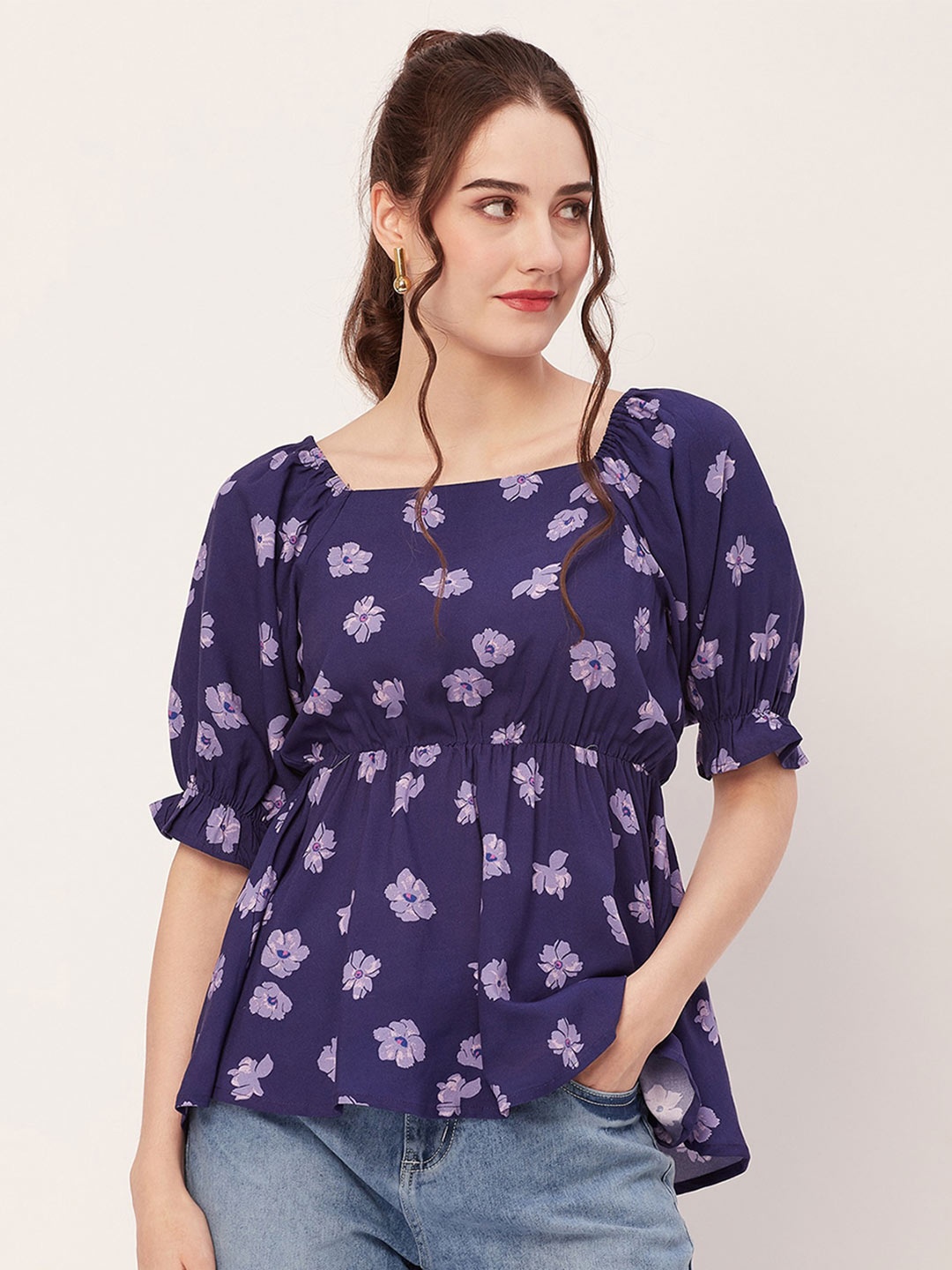 

Moomaya Floral Printed Square Neck Puff Sleeves Gathered Peplum Top, Blue