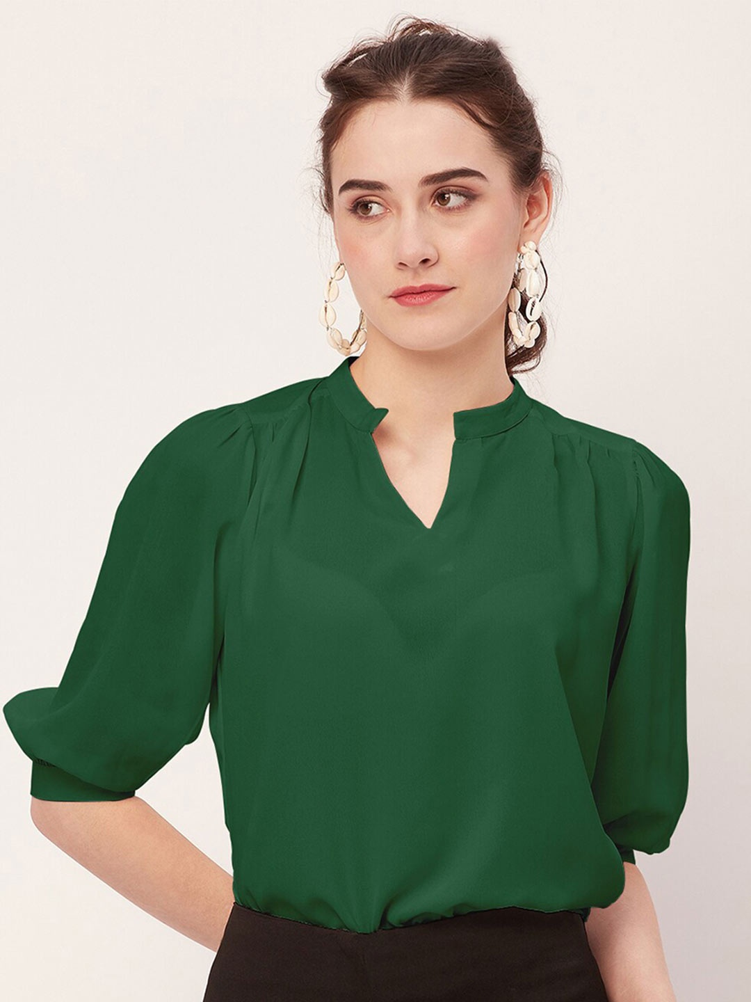 

Moomaya Mandarin Collar Puff Sleeve Regular Top, Green