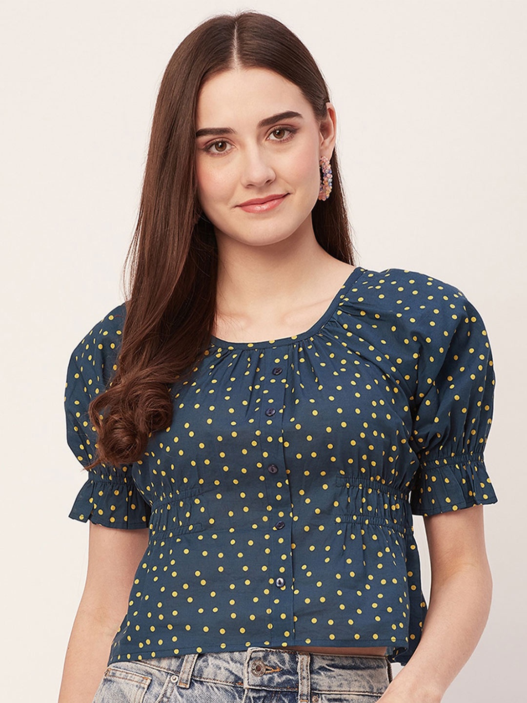 

Moomaya Polka Dot Print Puff Sleeve Pleated Cotton Regular Crop Top, Teal