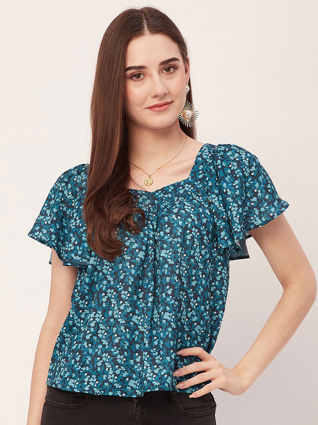 

Moomaya Floral Printed Sweetheart Neck Flutter Sleeve Top, Teal