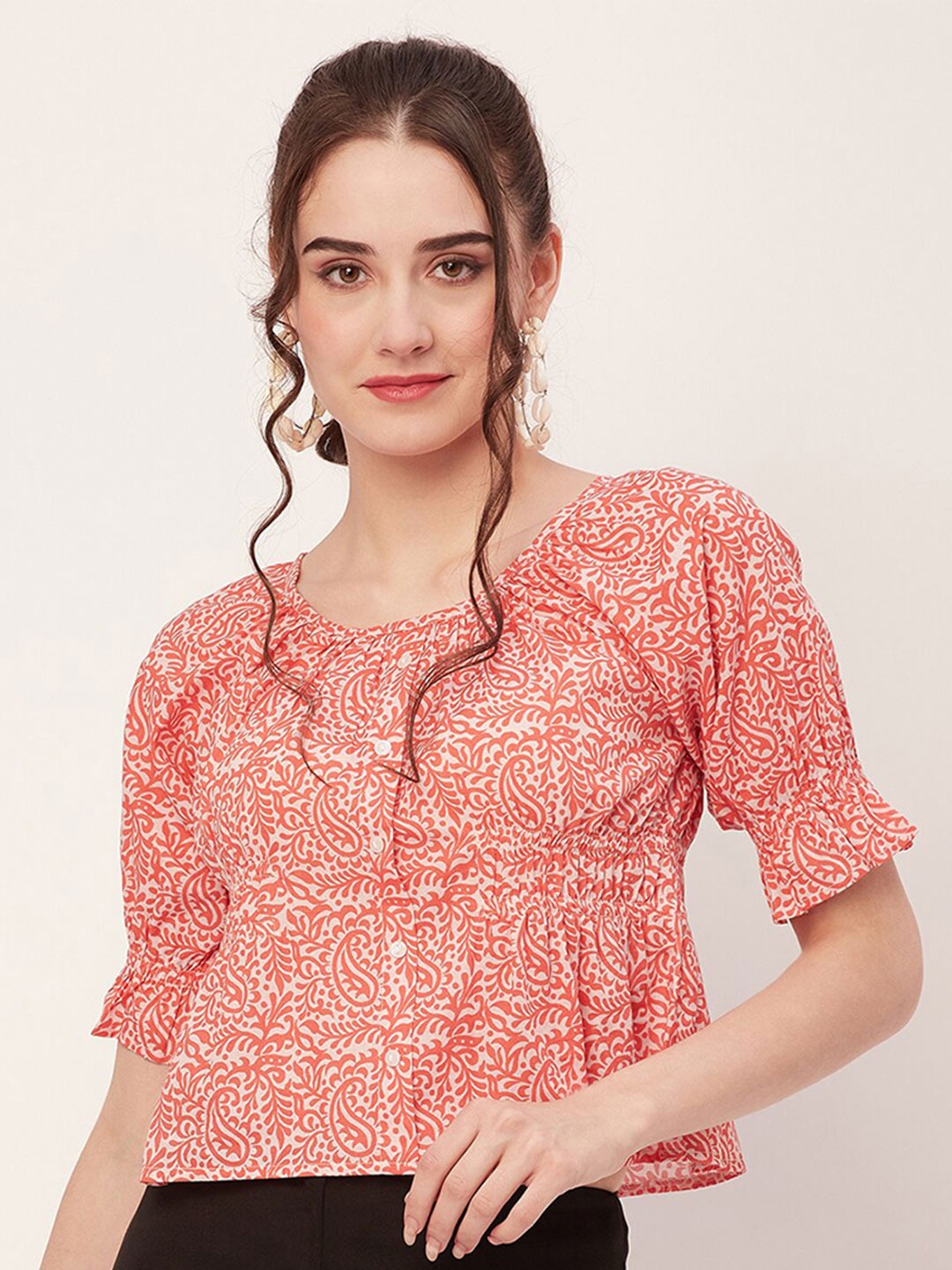 

Moomaya Ethnic Motifs Printed Puff Sleeve Cotton Crop Top, Red