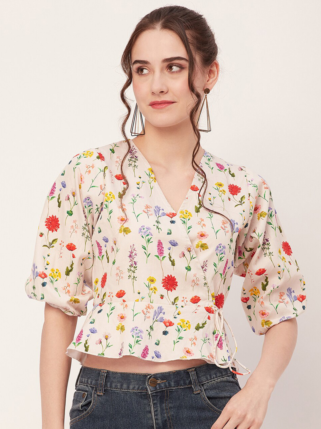 

Moomaya Floral Print Bishop Sleeves Cotton Wrap Crop Top, Off white