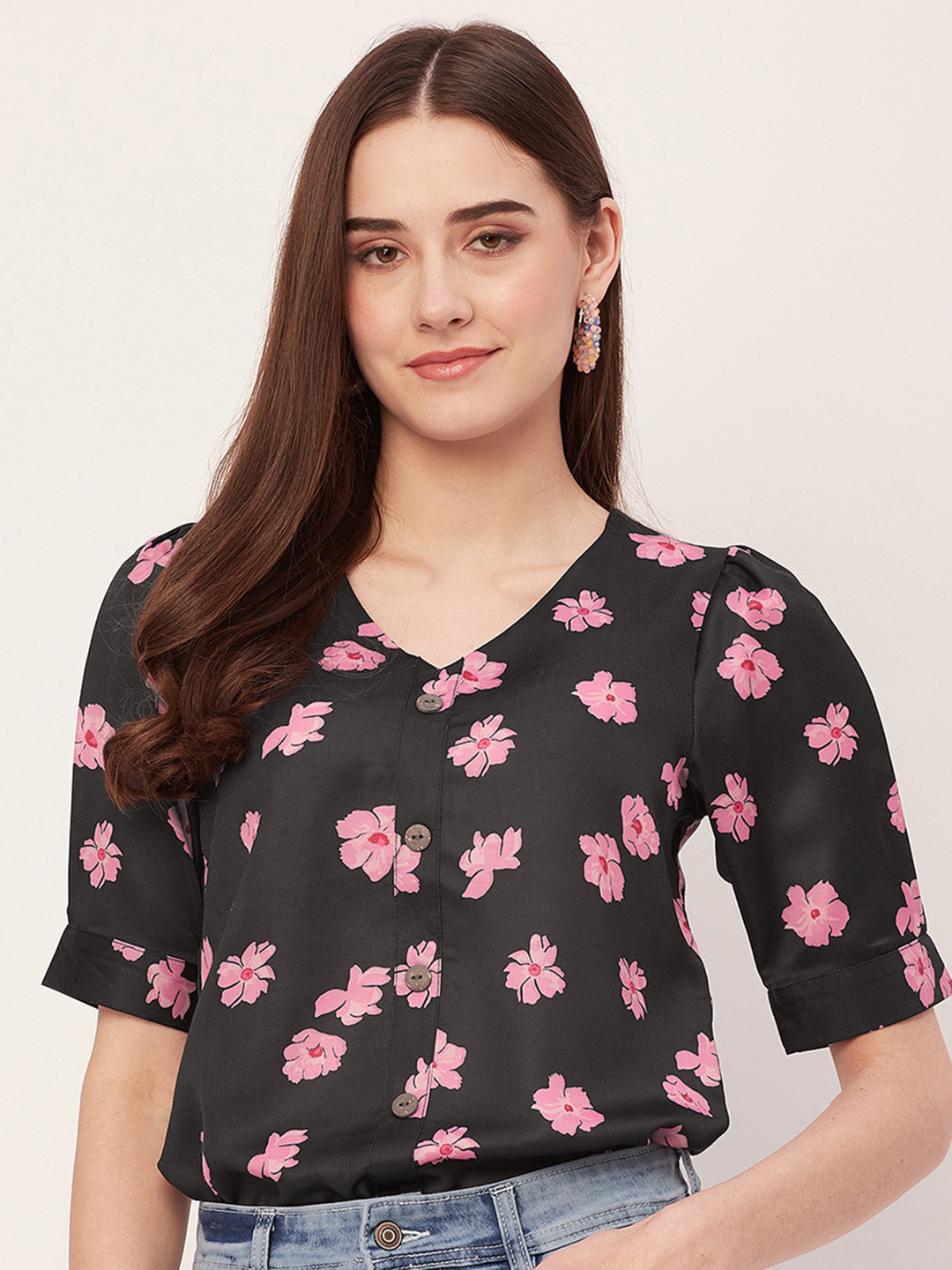 

Moomaya Floral Printed Flared Sleeves Top, Black