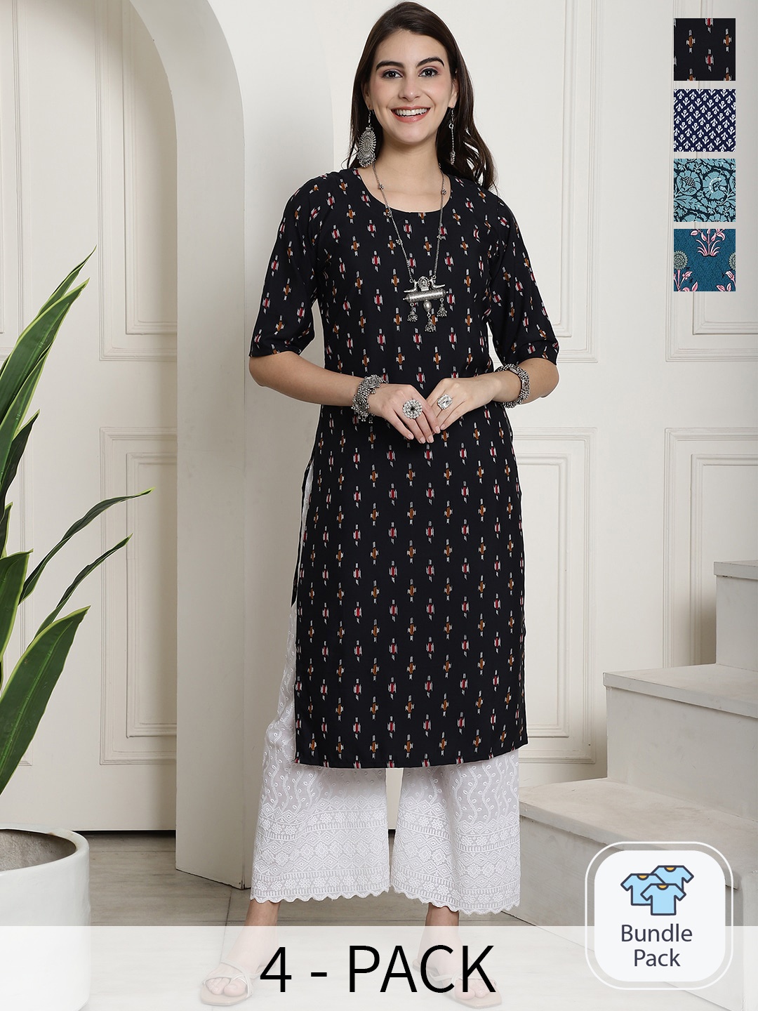 

7Threads Selection Of 4 Ethnic Motifs Printed Straight Kurta, Black