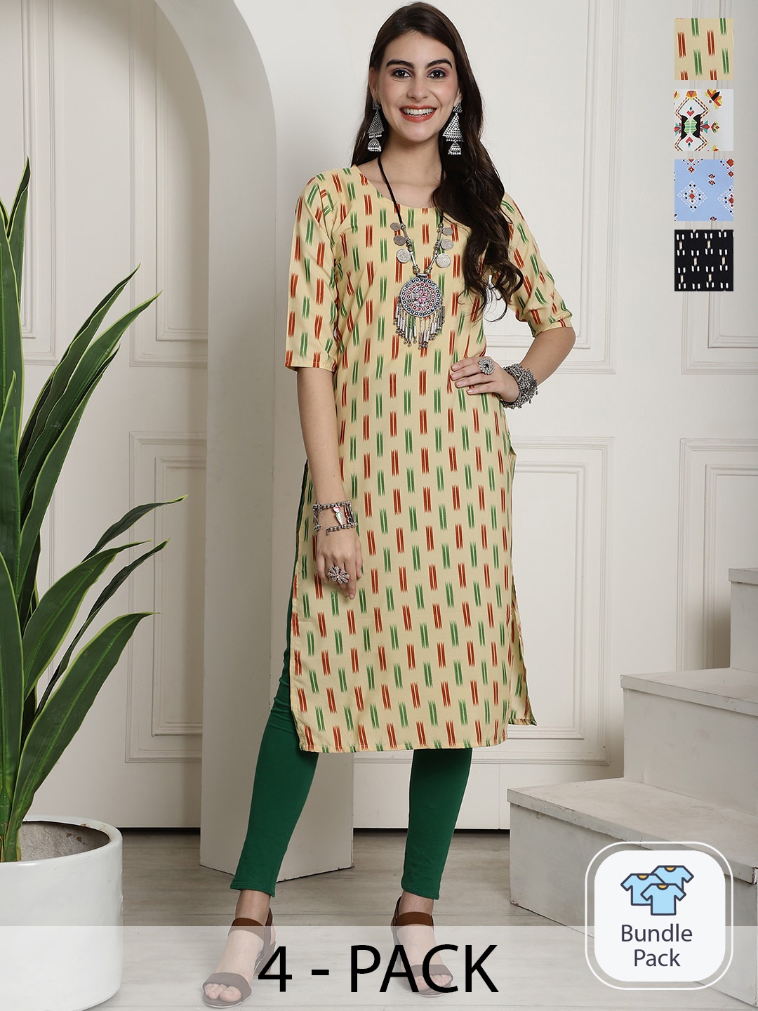 

7Threads Selection Of 4 Ethnic Motifs Printed Straight Kurta, Yellow