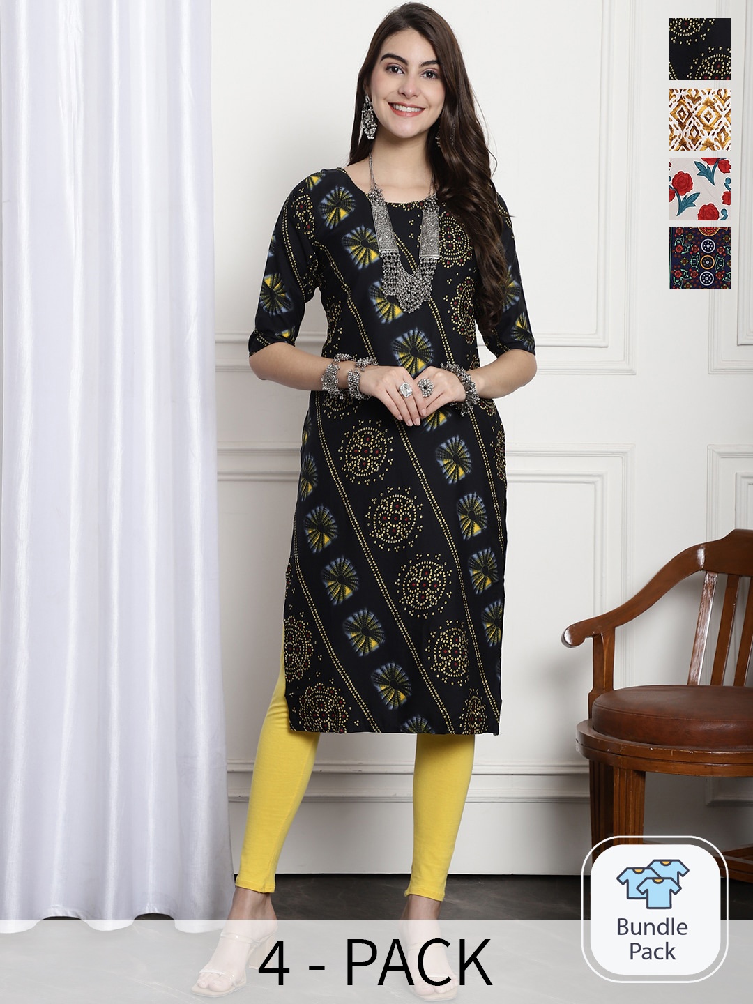 

7Threads Selection Of 4 Ethnic Motifs Printed Straight Kurta, Black