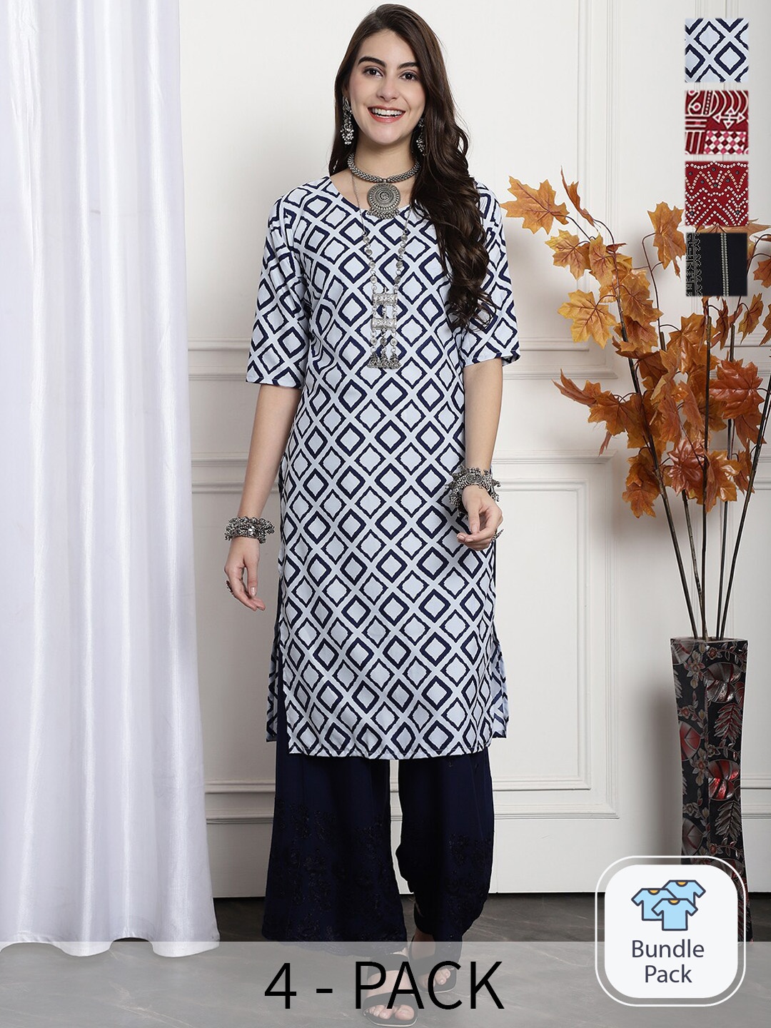 

7Threads Pack Of 4 Ethnic Motifs Printed Straight Kurtas, White