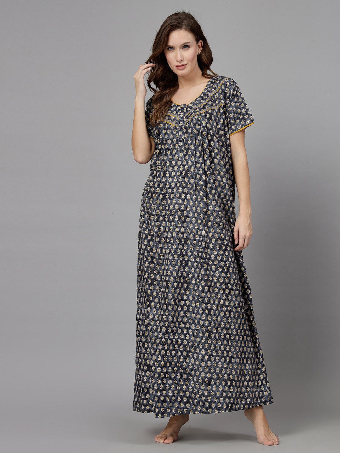 

Sweet Dreams Blue Ethnic Motifs Printed Maxi Nightdress