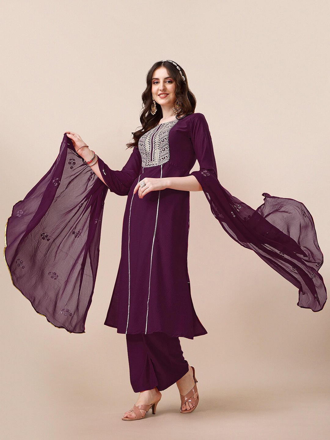 

KALINI Ethnic Motifs Embroidered Regular Zardozi Kurta With Palazzos & Dupatta, Purple